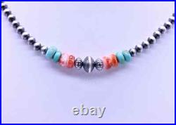 Kingman Turquoise and Spiny Oyster Necklace Sterling Silver Navajo Jewelry