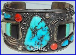 LARGE TURQUOISE HOPI Marcus Lomayestewa STERLING SILVER CUFF BRACELET CORAL