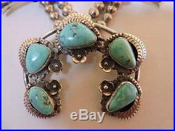 Large Vintage Navajo Sterling Silver Turquoise Squash Blossom Necklace 230 Grams
