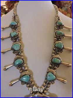 Large Vintage Navajo Sterling Silver Turquoise Squash Blossom Necklace 230 Grams