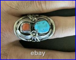 LARGE VINTAGE Sterling Silver Navajo Turquoise/Red Coral Cuff Size 10 LARGE VINTAGE Sterling Silver Navajo Turquoise/Red Coral Cuff Size 10