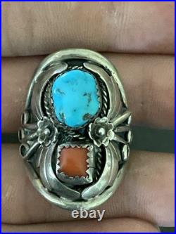 LARGE VINTAGE Sterling Silver Navajo Turquoise/Red Coral Cuff Size 10 LARGE VINTAGE Sterling Silver Navajo Turquoise/Red Coral Cuff Size 10