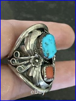 LARGE VINTAGE Sterling Silver Navajo Turquoise/Red Coral Cuff Size 10 LARGE VINTAGE Sterling Silver Navajo Turquoise/Red Coral Cuff Size 10