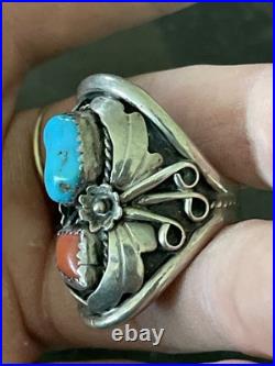 LARGE VINTAGE Sterling Silver Navajo Turquoise/Red Coral Cuff Size 10 LARGE VINTAGE Sterling Silver Navajo Turquoise/Red Coral Cuff Size 10