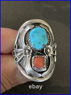 LARGE VINTAGE Sterling Silver Navajo Turquoise/Red Coral Cuff Size 10 LARGE VINTAGE Sterling Silver Navajo Turquoise/Red Coral Cuff Size 10