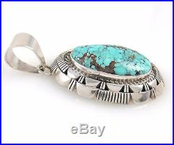 LARRY MOSES YAZZIE Navajo Solid Sterling Silver Dry Creek Turquoise Pendant J AX