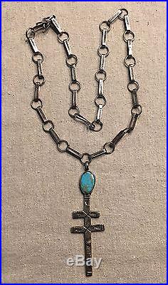 LEO CORIZ (1913-1997) Kewa Tufa Cast Sterling Silver Turquoise Cross Necklace