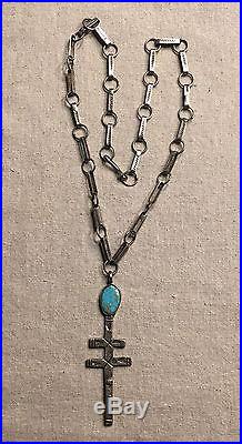 LEO CORIZ (1913-1997) Kewa Tufa Cast Sterling Silver Turquoise Cross Necklace