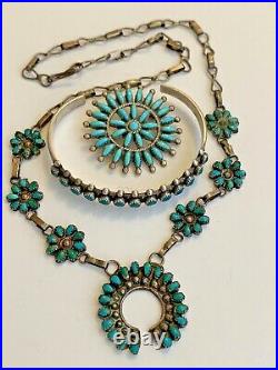 LOT Sterling Silver & Turquoise Zuni Squash Blossom Necklace, Pin & Bracelet