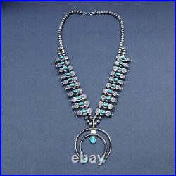 LOVELY Vintage NAVAJO Sterling Silver Turquoise BOX BOW SQUASH BLOSSOM Necklace