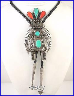 LRG Old Pawn Navajo Handmade Sterling Silver Coral Turquoise Kachina Bolo Tie J