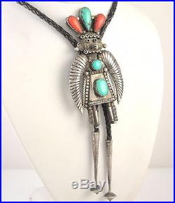 LRG Old Pawn Navajo Handmade Sterling Silver Coral Turquoise Kachina Bolo Tie J
