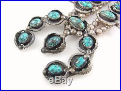 LRG Vtg Navajo Sterling Silver Blue Diamond Turquoise Squash Blossom Necklace J