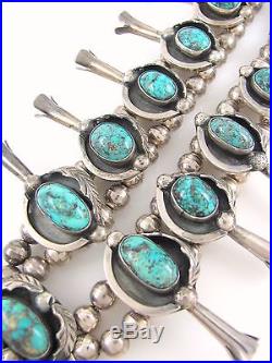 LRG Vtg Navajo Sterling Silver Blue Diamond Turquoise Squash Blossom Necklace J