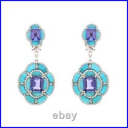 Lab Amethyst & Turquoise Dangle Earrings 925 Sterling Silver Glamorous Jewelry