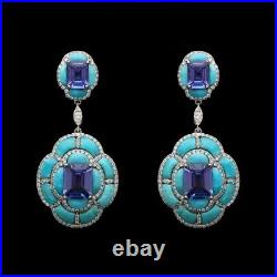 Lab Amethyst & Turquoise Dangle Earrings 925 Sterling Silver Glamorous Jewelry