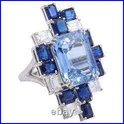 Lab Created Blue Sapphire Ring For Women 925 Sterling Silver Aqua Square Jewelry
