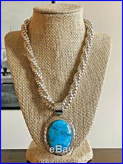 Large Jay King Turquoise Pendant 3 Strand Sterling Silver Ball Bead Necklace 925
