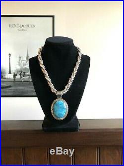 Large Jay King Turquoise Pendant 3 Strand Sterling Silver Ball Bead Necklace 925