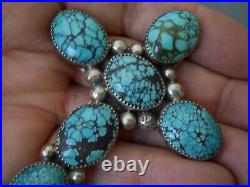 Large Native American Spiderweb #8 Turquoise Sterling Silver Cross Pendant 4+