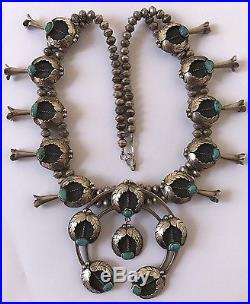 Large Native American Sterling Silver & Bisbee Turquoise Squash Blossom Necklace