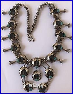 Large Native American Sterling Silver & Bisbee Turquoise Squash Blossom Necklace