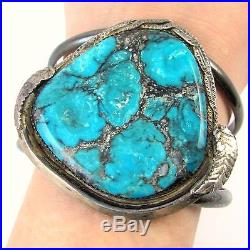 Large Old Pawn Navajo Hallmarked Sterling Silver Turquoise Cuff Bracelet J IX