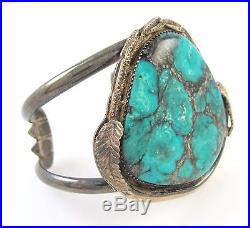 Large Old Pawn Navajo Hallmarked Sterling Silver Turquoise Cuff Bracelet J IX