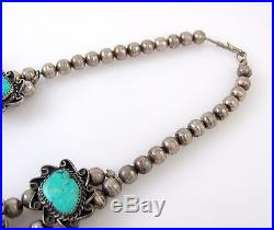 Large Old Pawn Navajo Sterling SIlver & Turquoise Squash Blossom Necklace RS