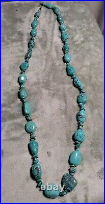 Large Real Turquoise Sterling Silver 40 Necklace, Chunky Statement