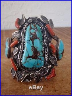 Large Signed Silver Eagle Sterling Silver, Turquoise and Coral Cuff Bracelet