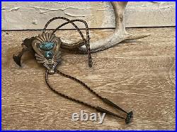 Large Sterling Silver Bolo Tie Native American Jewelry 2-Stone Turquoise