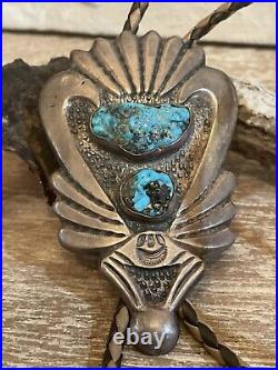 Large Sterling Silver Bolo Tie Native American Jewelry 2-Stone Turquoise