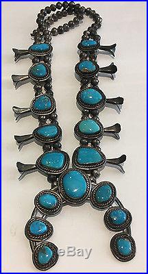 Large Sterling Silver Turquoise Squash Blossom Necklace Length 24