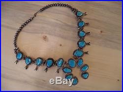 Large Sterling Silver Vintage Squash Blossom Necklace 177g Turquoise