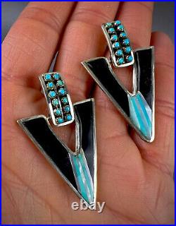 Large UNIQUE Vintage Zuni Sterling Silver Turquoise Inlay Dangle Earrings NICE