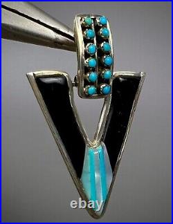 Large UNIQUE Vintage Zuni Sterling Silver Turquoise Inlay Dangle Earrings NICE