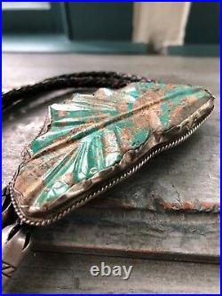 Large Vintage Leekya Deyuse Zuni Carved Turquoise Leaf, Sterling Silver Bolo Tie