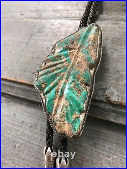 Large Vintage Leekya Deyuse Zuni Carved Turquoise Leaf, Sterling Silver Bolo Tie