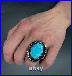 Large Vintage Navajo Native American Sterling Silver Blue Gem Turquoise Ring 16G
