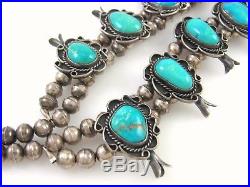 Large Vintage Navajo Solid Sterling Silver Turquoise Squash Blossom Necklace J