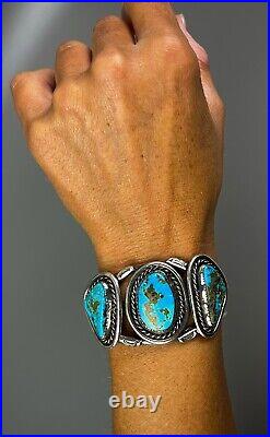 Large Vintage Navajo Sterling Silver High Grade Morenci Turquoise Cuff Bracelet