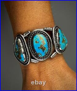 Large Vintage Navajo Sterling Silver High Grade Morenci Turquoise Cuff Bracelet