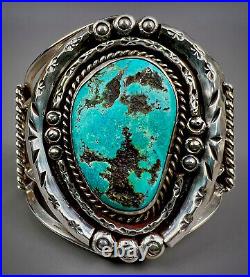 Large Vintage Navajo Sterling Silver Morenci Turquoise Nugget Cuff Bracelet