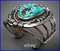 Large Vintage Navajo Sterling Silver Morenci Turquoise Nugget Cuff Bracelet