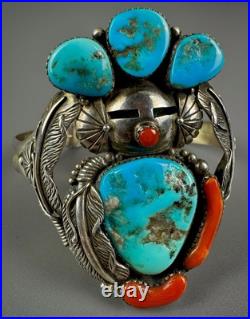 Large Vintage Navajo Sterling Silver Turquoise & Coral Kachina Cuff Bracelet Large Vintage Navajo Sterling Silver Turquoise & Coral Kachina Cuff Bracelet
