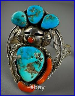 Large Vintage Navajo Sterling Silver Turquoise & Coral Kachina Cuff Bracelet Large Vintage Navajo Sterling Silver Turquoise & Coral Kachina Cuff Bracelet