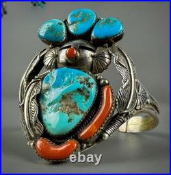 Large Vintage Navajo Sterling Silver Turquoise & Coral Kachina Cuff Bracelet Large Vintage Navajo Sterling Silver Turquoise & Coral Kachina Cuff Bracelet
