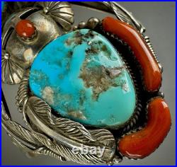 Large Vintage Navajo Sterling Silver Turquoise & Coral Kachina Cuff Bracelet Large Vintage Navajo Sterling Silver Turquoise & Coral Kachina Cuff Bracelet
