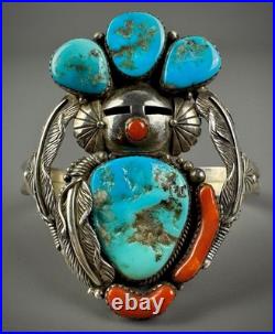 Large Vintage Navajo Sterling Silver Turquoise & Coral Kachina Cuff Bracelet Large Vintage Navajo Sterling Silver Turquoise & Coral Kachina Cuff Bracelet